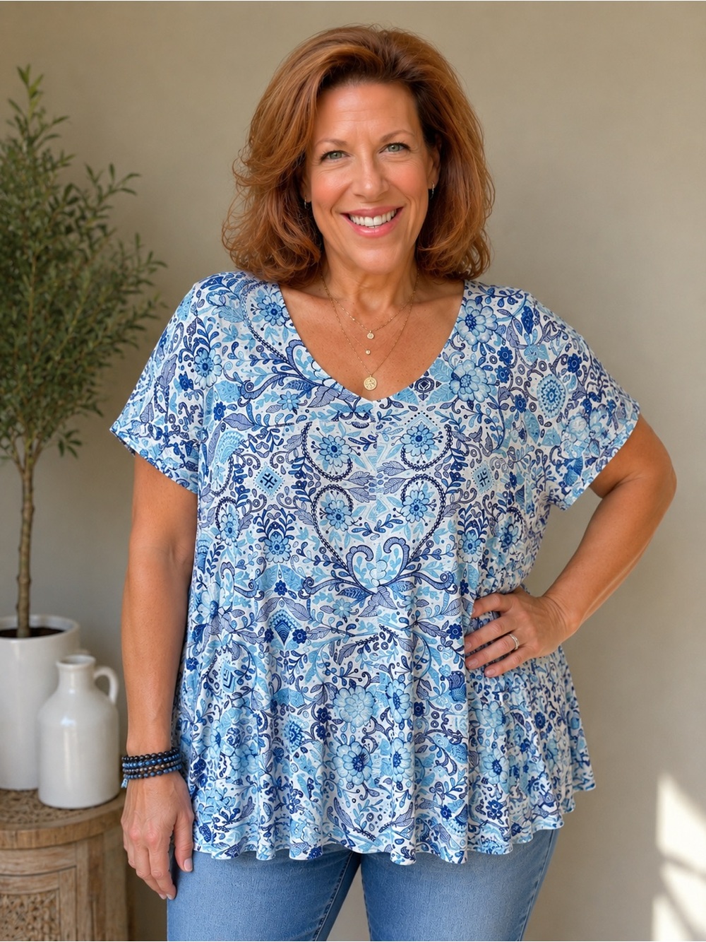 Cynthia Rowley Blue Pleated Blouse Relaxed Fit 1X